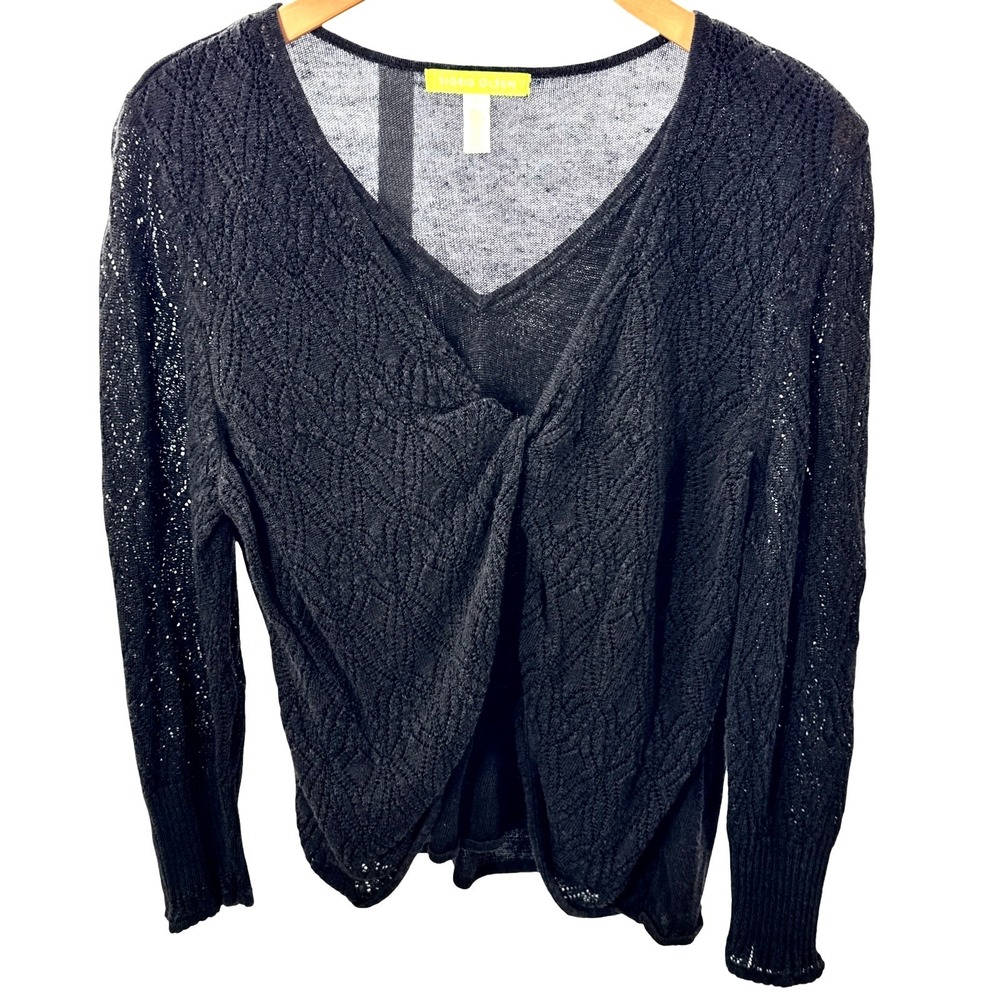 Sigrid Olsen Sweater Large Black Pointelle Open Knit Twist Front Sheer V Neck